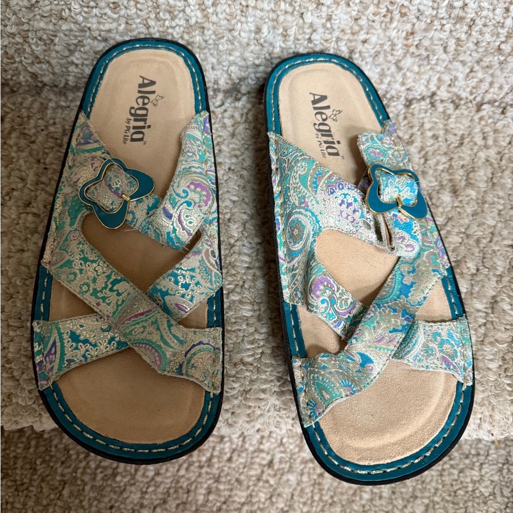 Alegria PG Lite Teal and Beige Paisley Slides Size 39